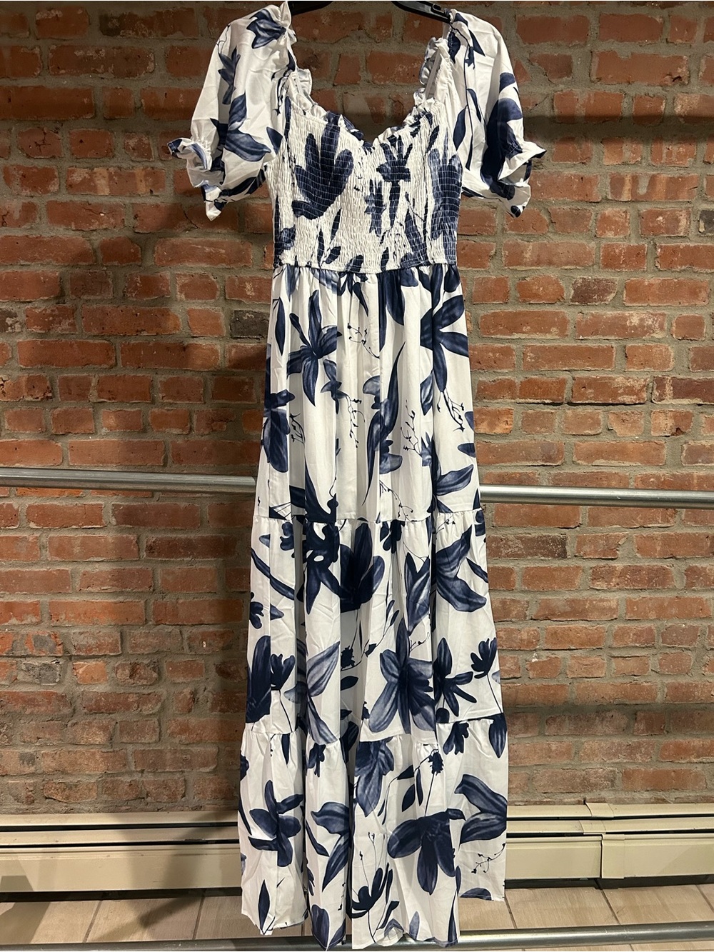 H&M White Maxi Dress with Navy Floral Print